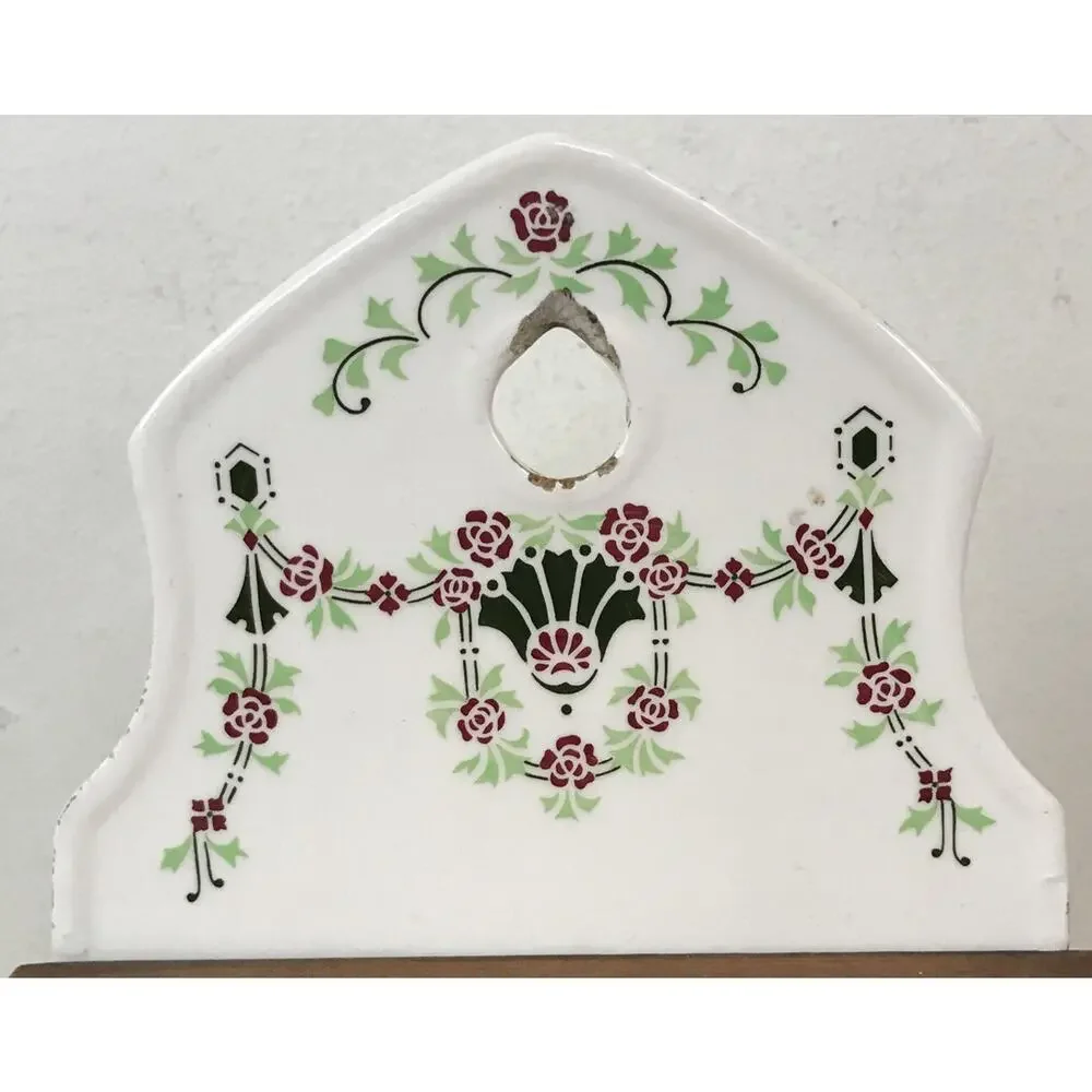 Vtg Antique Danish Salt Wall Hanging Ceramic Wood Floral Bin Kitchen Container